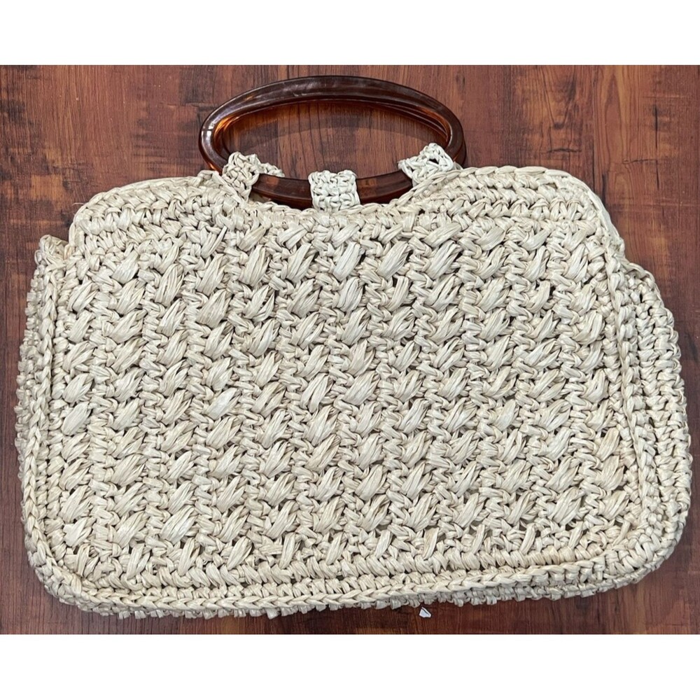 Vintage Lucite/Plastic Handle Straw Macrame Purse - Hong Kong